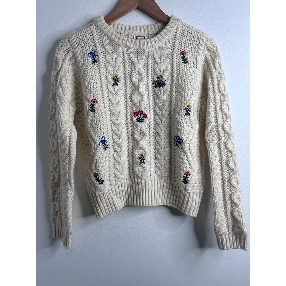 Mo:vint Cream Cable Knit Floral Embroidered Sweater Sz Small Fisherman Coquette